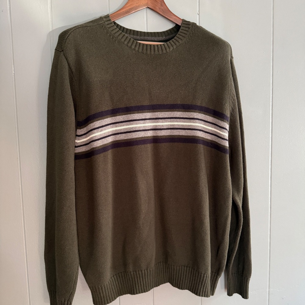 St Johns Bay Mens Large Olive Green Y2K Striped Crewneck 100% Cotton Sweater